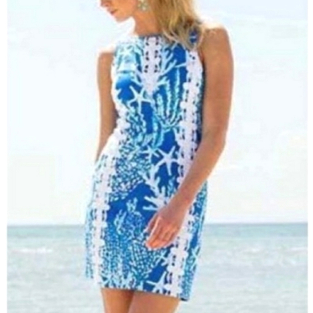 Lily Pulitzer Ember Blue White Reef Starfish Pattern Shift Dress Sleeveless